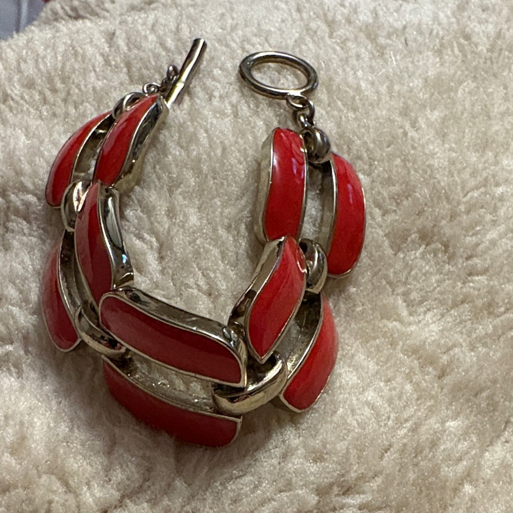 Chic Red Enamel and Silver Chain Link Bracelet